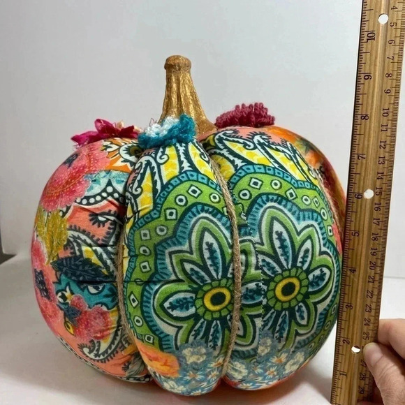 Mixed Fabric Pumpkin Gold Stem Bohemian Twine Flowers Orange Pink Teal 10 In. - Picture 9 of 11